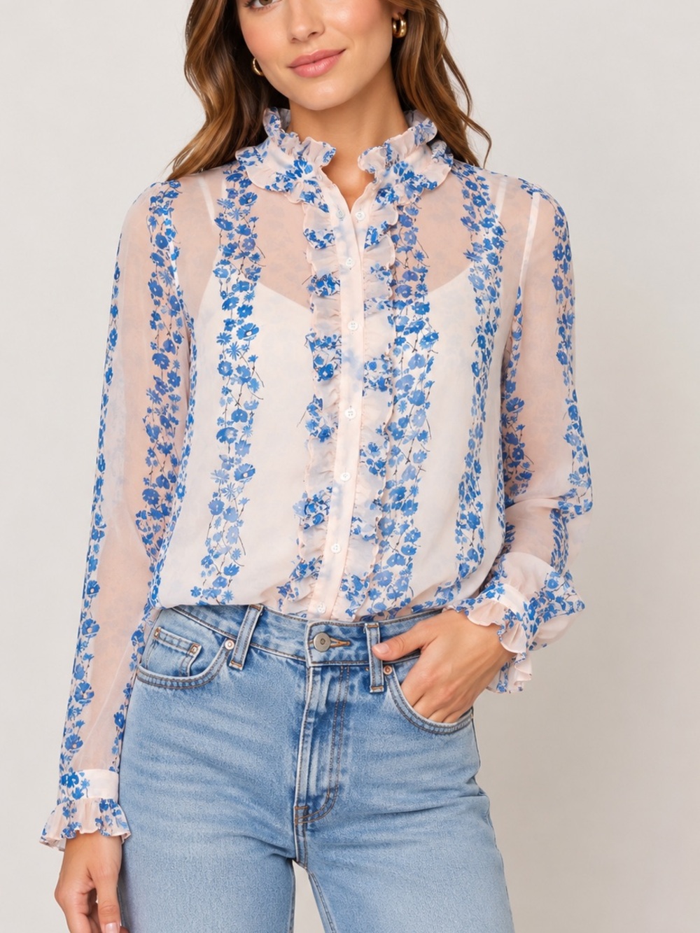 Boden Light Pink Blue Floral Ruffle Buttondown Top Preppy British Style Size 6